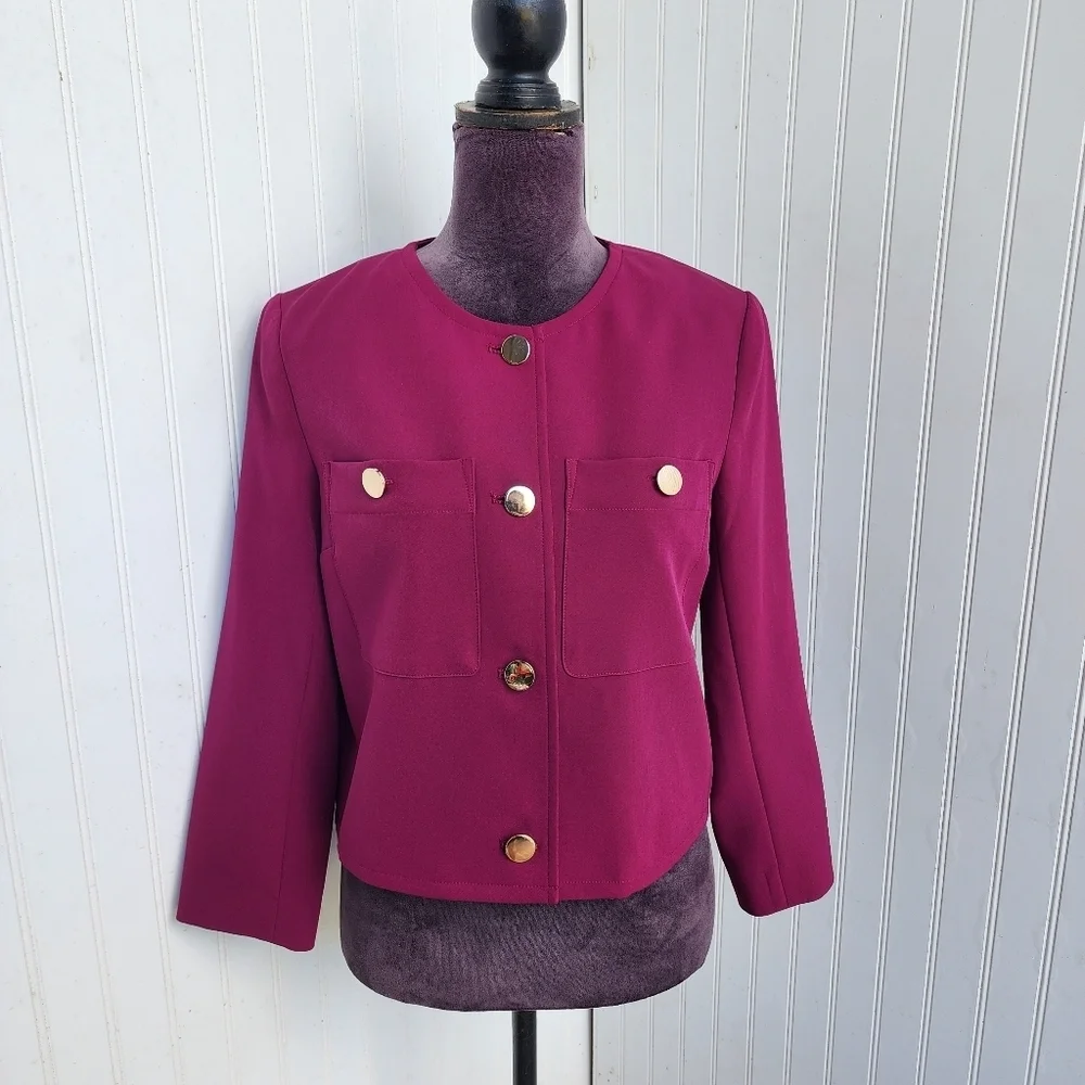 INC International Concepts Magenta Pink Blazer Women Gold Button 3/4 Sleeve S